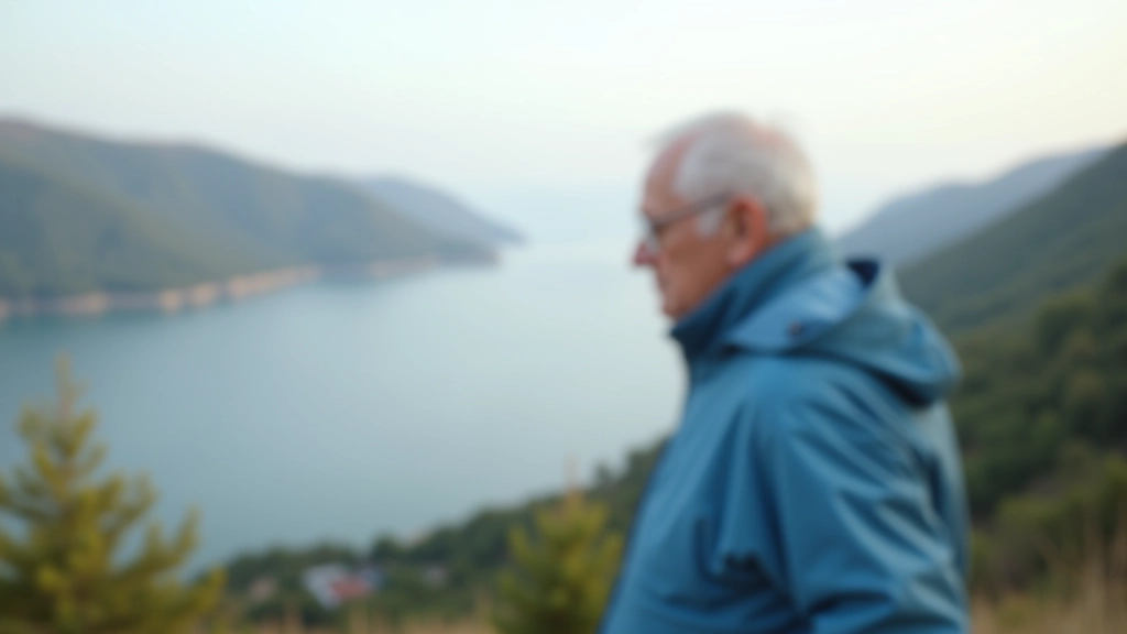 Žmogus stovi ant šlaito ir žiūri į upės žiotis, tolumoje matomos jūros bangos